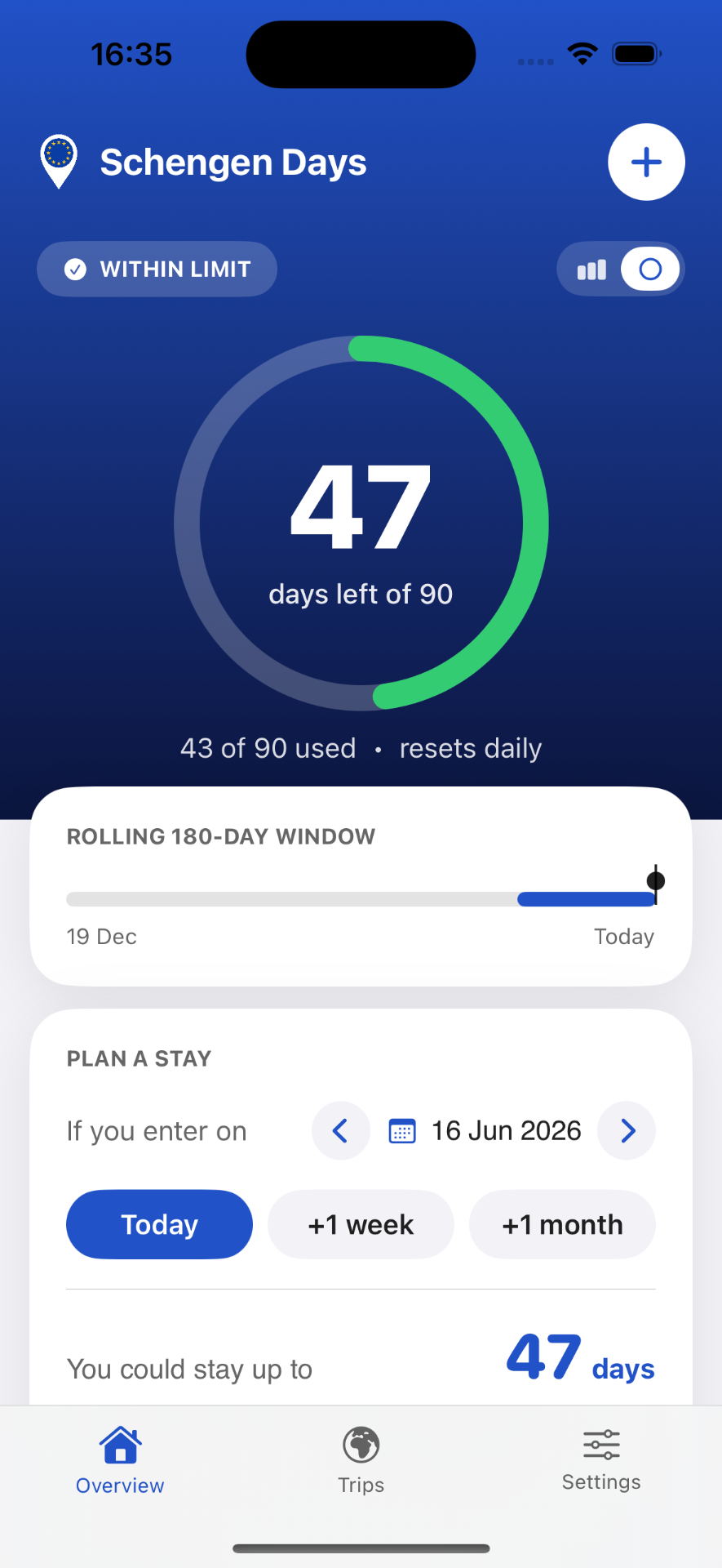 Schengen Days app showing remaining short-stay days