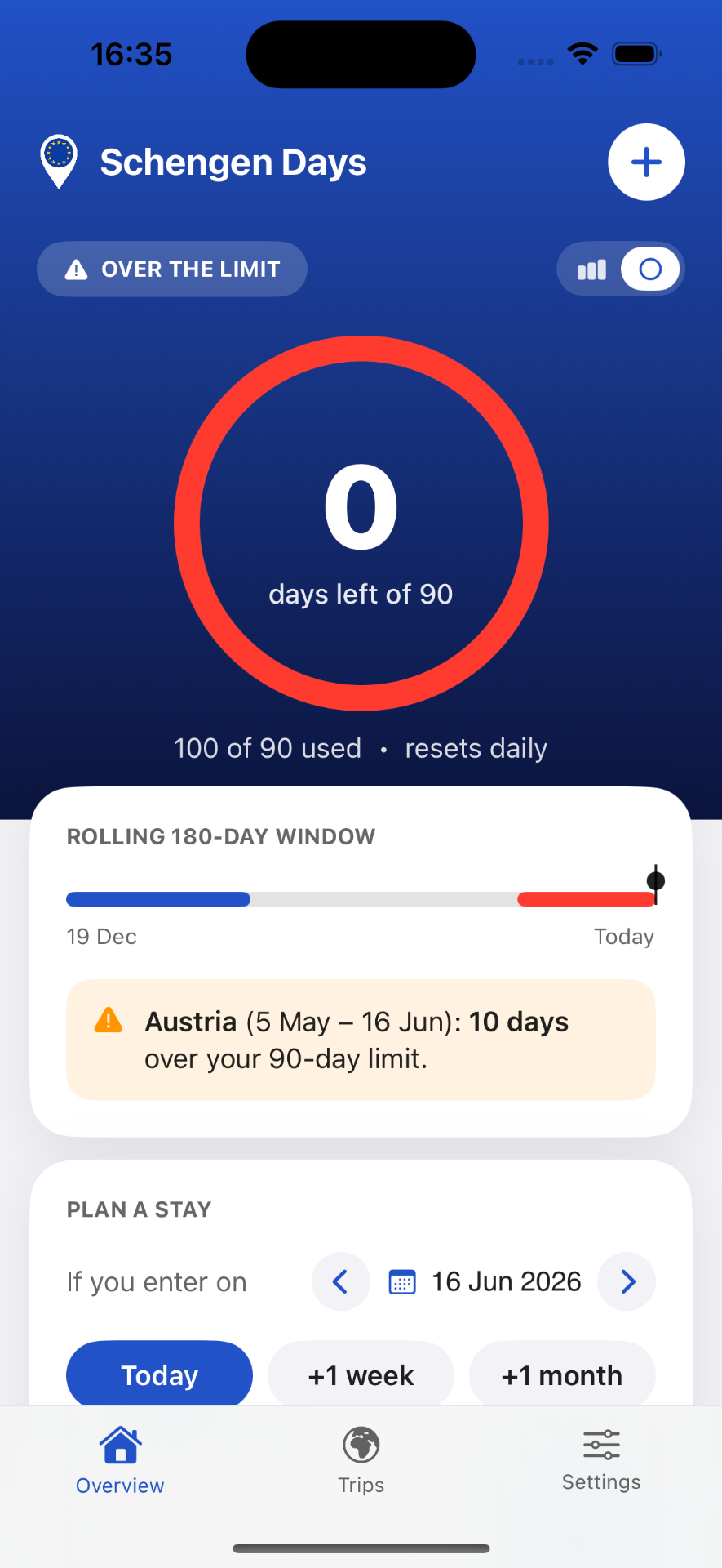 Schengen Days app screen 2