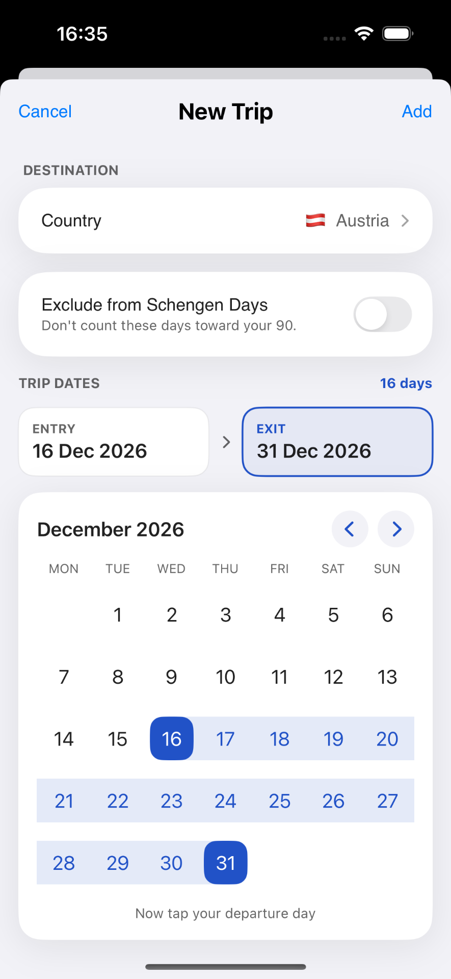 Schengen Days app screen 3